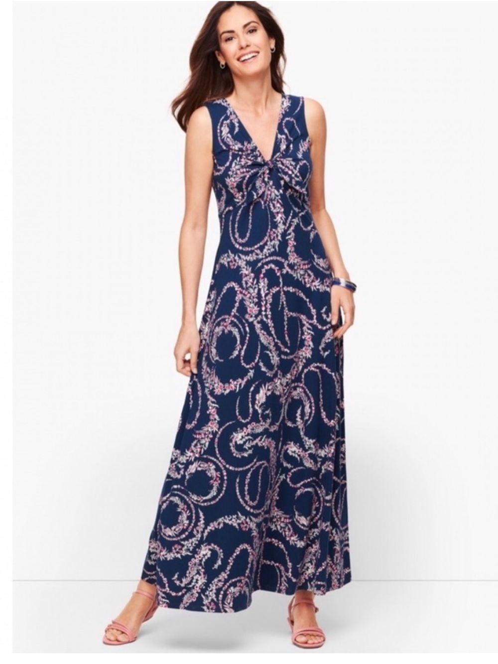 TALBOTS Tie Front Maxi Dress Floral Swirl Size Large Vacation Resort Sundress